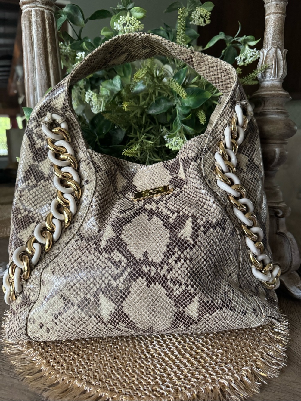 Michael Kors UNIQUE Snakeskin Leather Chain Detail Shoulder Bag Amazing Quality